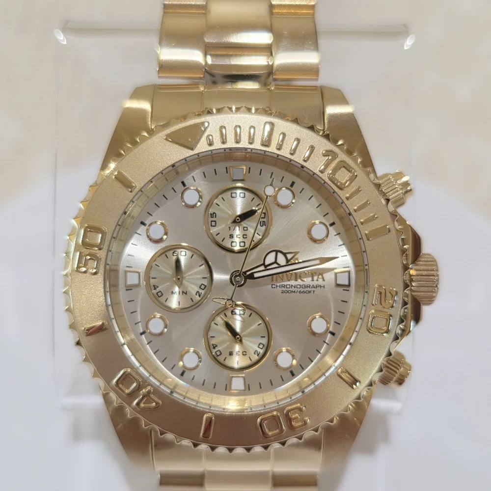 Invicta Pro Diver Chronograph Gold Men's Watch #1774 Large MSRP $695 Running